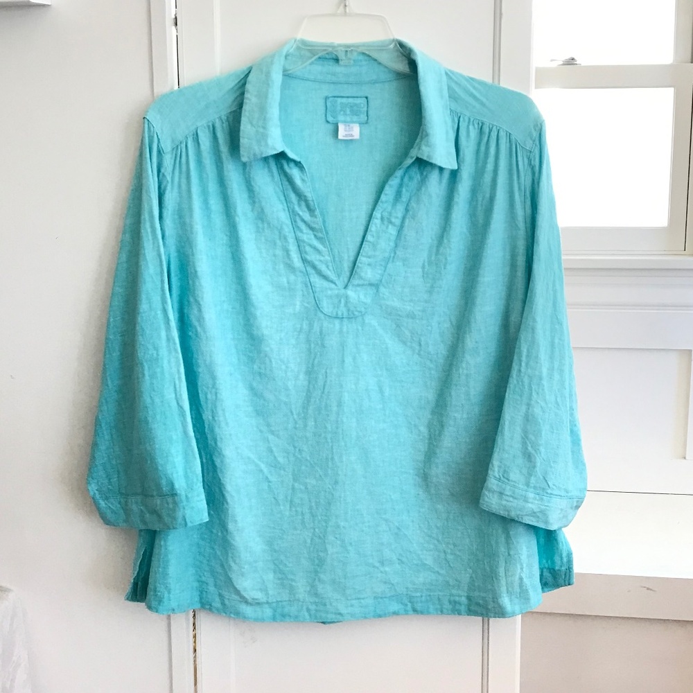 SIGRID OLSEN Linen Blend Tunic Turquoise Blue Blouse Women’s Plus Size 2X